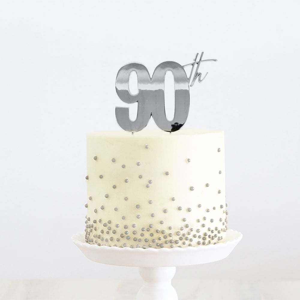 Cake Topper 90th Birthday Silver Metal 11cm X 9cm