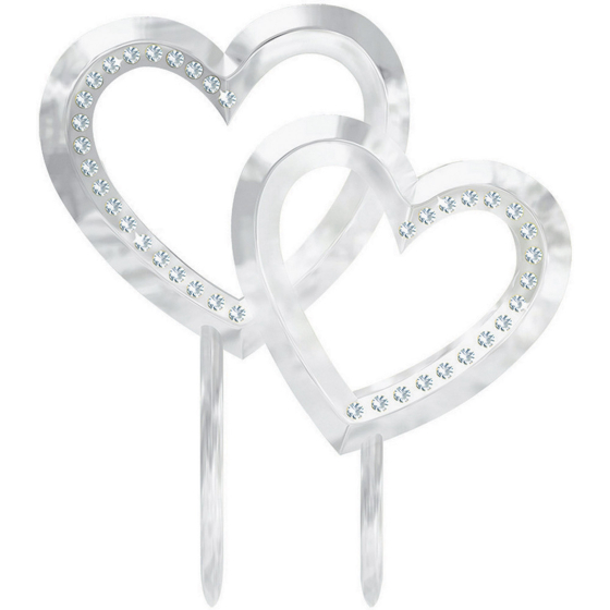 Cake Topper Silver Plastic Double Heart With Gems - Last Chance Buy