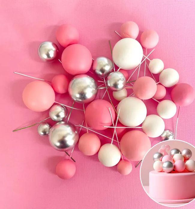 Cake Toppers Deco Foam Balls Pink White & Silver Pk/32