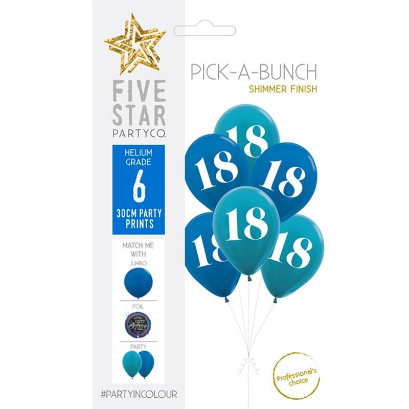 Balloon Pick-A-Bunch 18th Birthday 30cm Blue Asst Pk 6