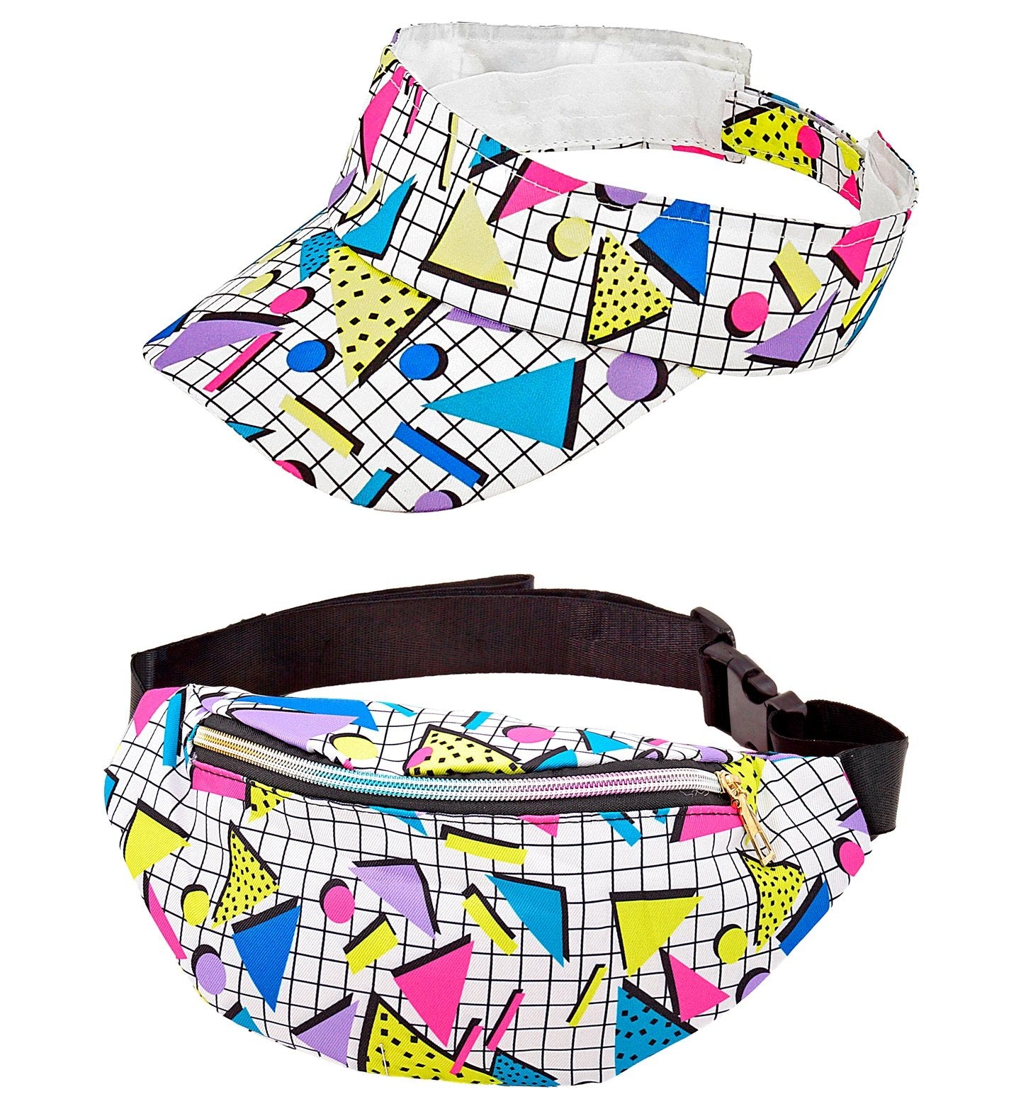 Costume Accessory Adult Funky Geometric White 1980 Visor Hat & Belt Bum Bag