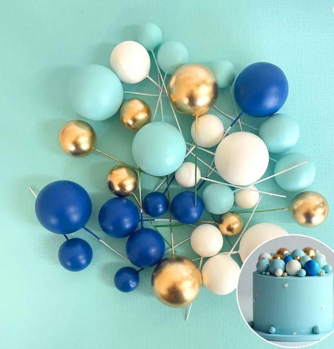 Cake Toppers Deco Foam Balls Blue White & Gold Pk/32