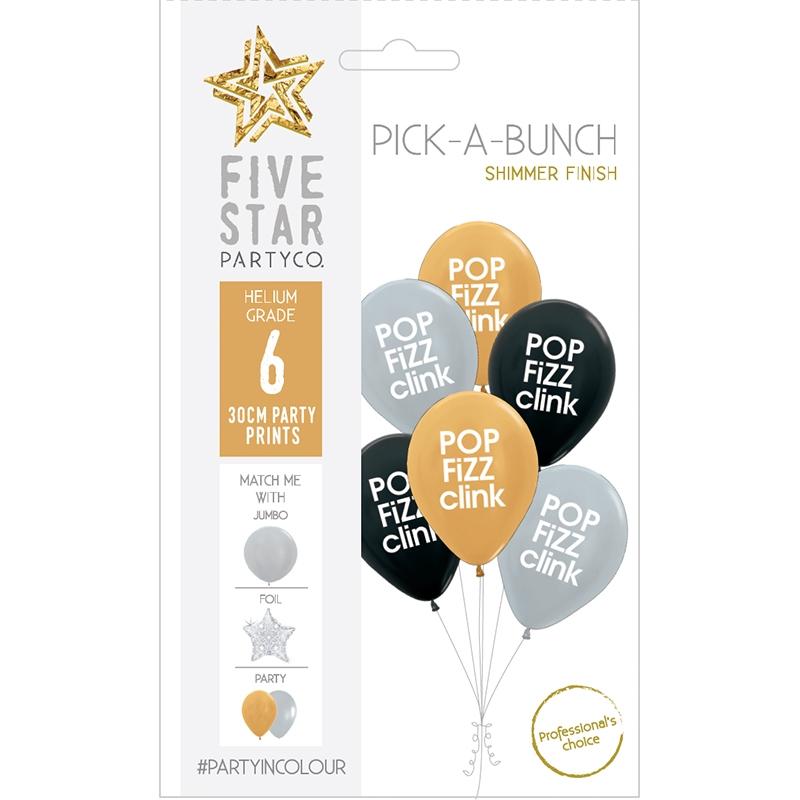 Balloon Pick-A-Bunch Pop Fizz Clink 30cm Black /Silver /Gold Pk 6