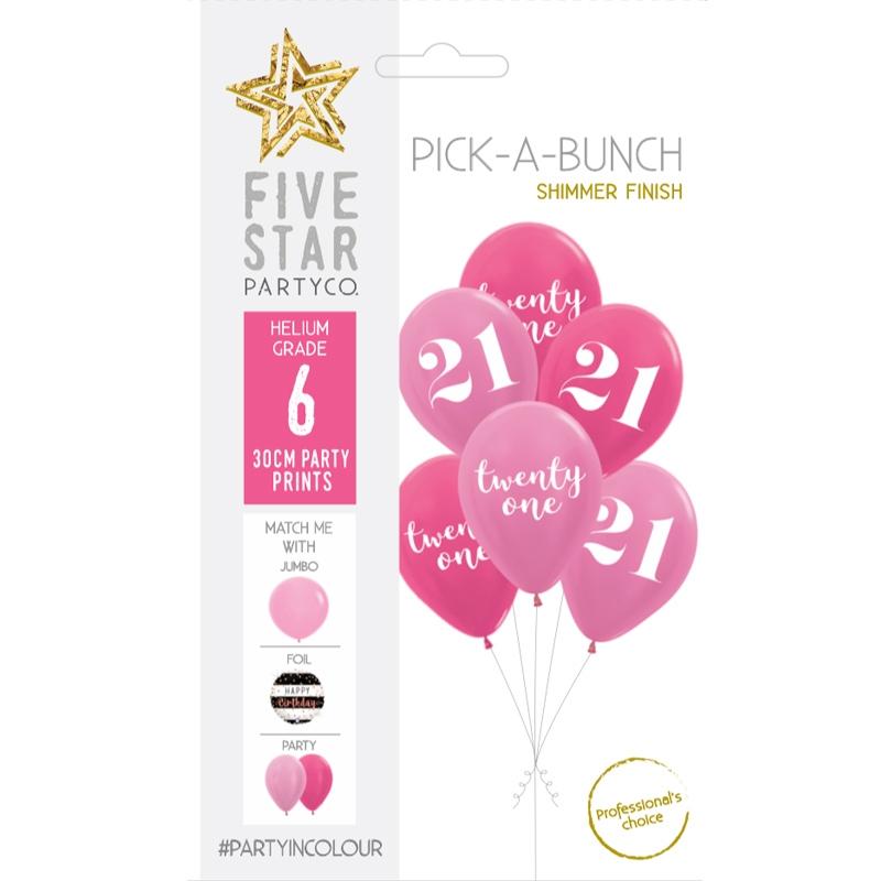 Balloon Pick-A-Bunch 21st Birthday Mix 30cm Pink Asst Pk 6
