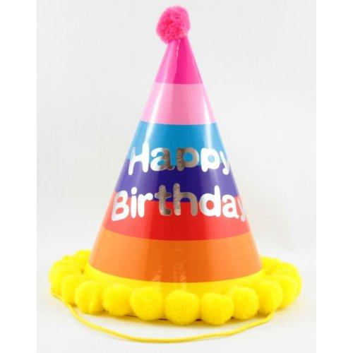 Party Cone Hats Happy Birthday With Pom Poms (Assorted Colours) Each