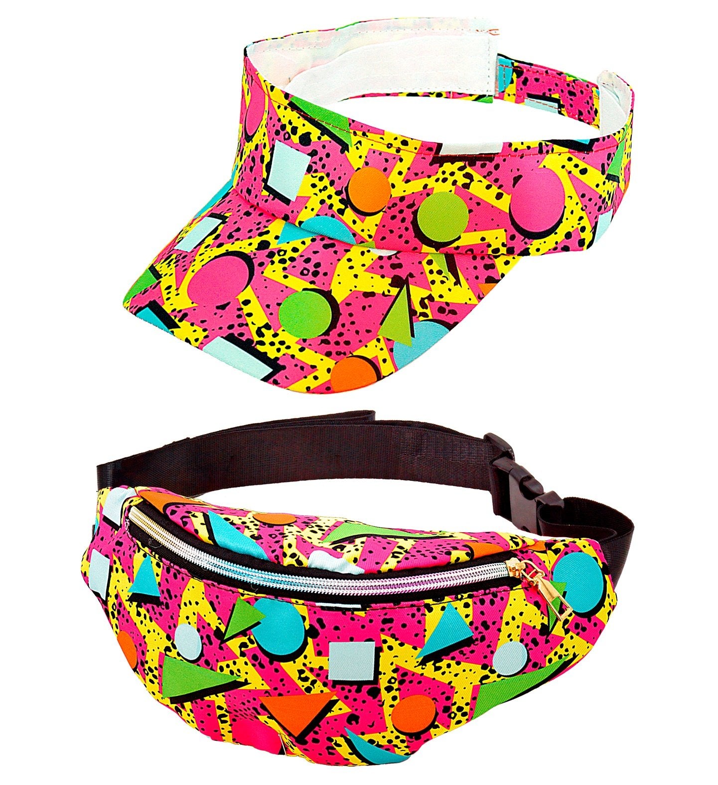 Costume Accessory Adult Funky Geometric Pink 1980s Visor Hat & Belt Bum Bag