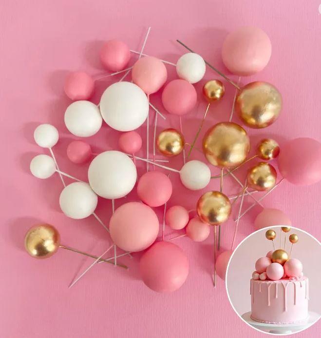 Cake Toppers Deco Foam Balls Pink White & Gold Pk/32