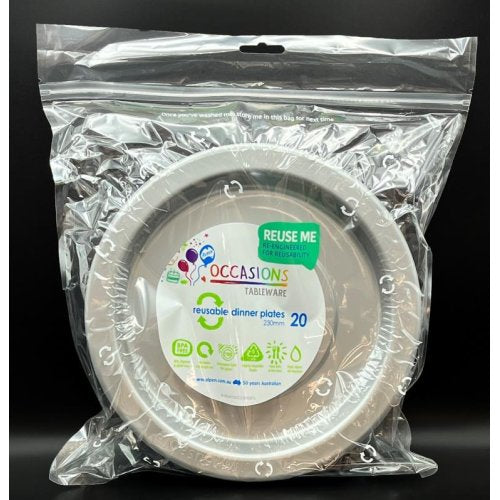 Plates 230mm Silver Plastic Dinner Size Reusalbe Pk/20
