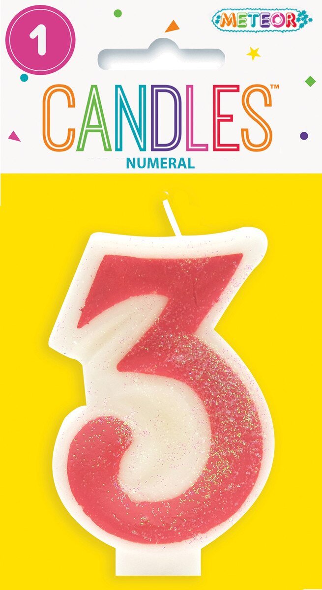 Cake Candle Number 3 Pink Glitter 8cm High