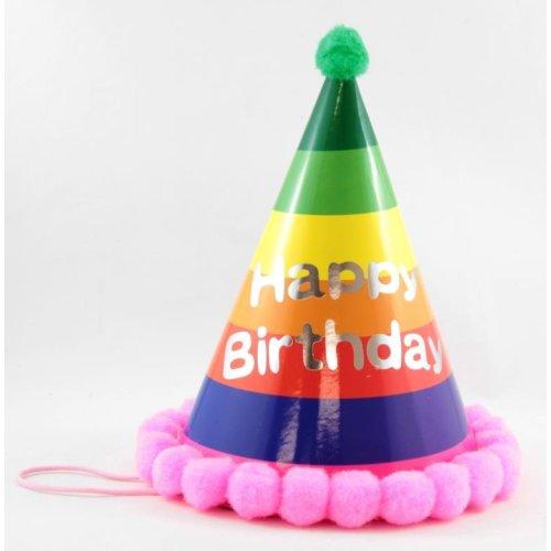 Party Cone Hats Happy Birthday With Pom Poms (Assorted Colours) Each