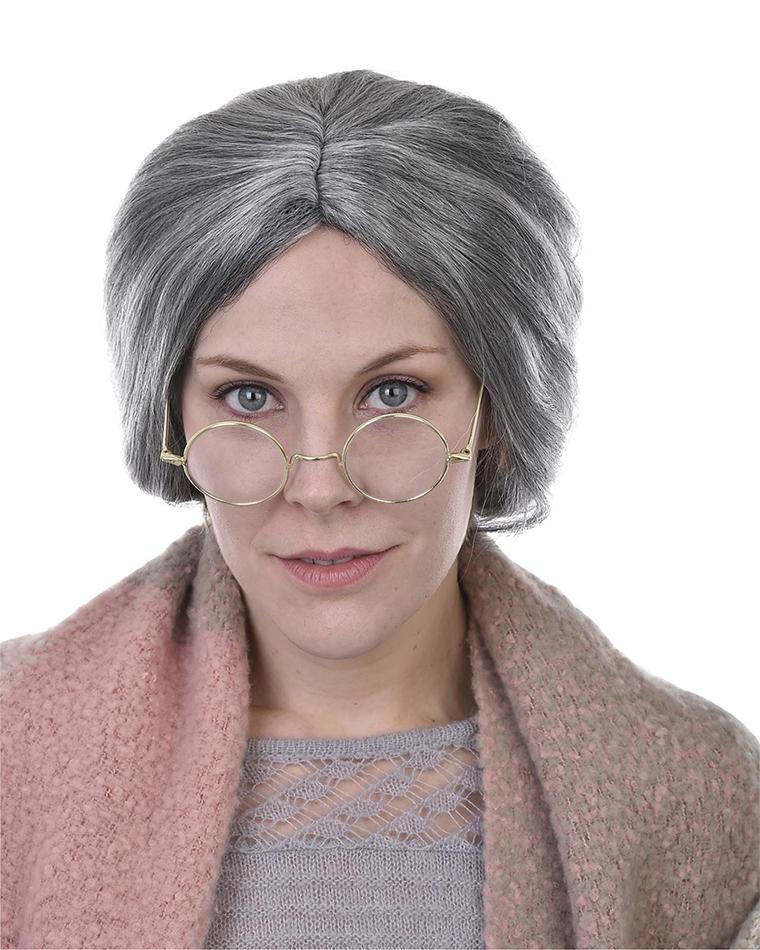 Wig Grandma/Old Woman Grey With Bun & Centre Part Costume Accessory
