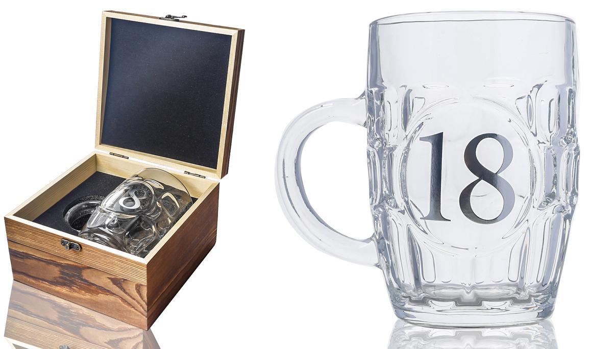 Glass Beer Tankard 18th Birthday in Wooden Box