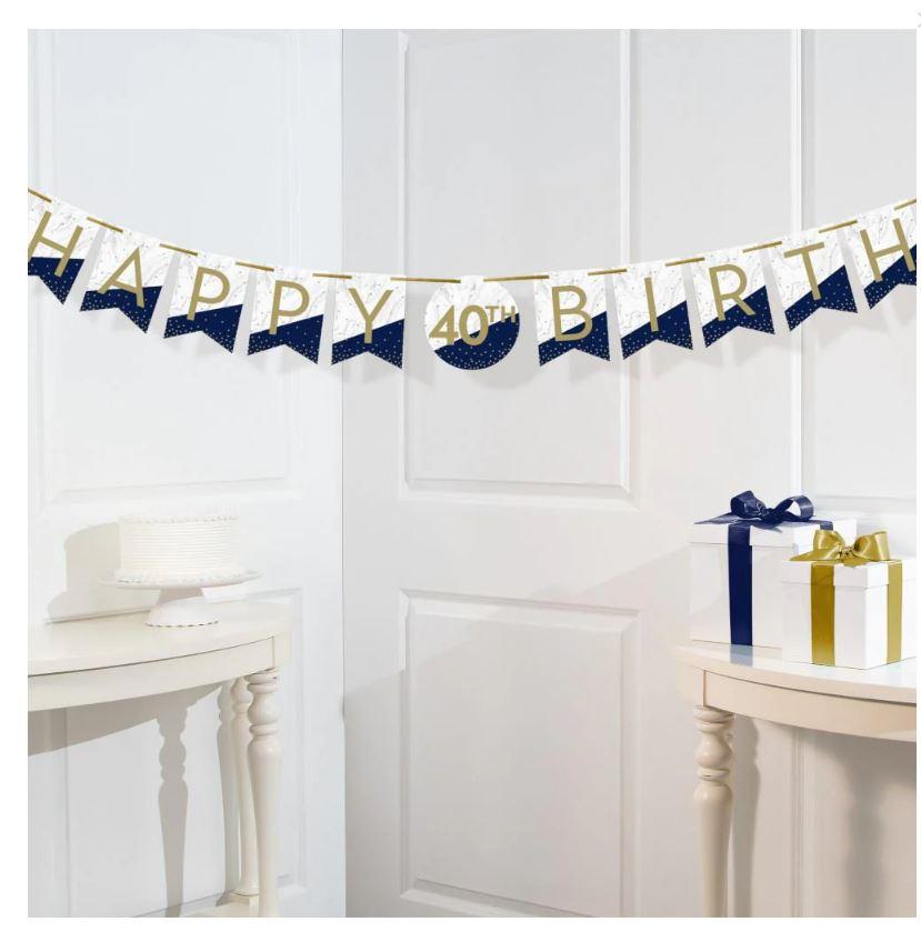 Navy & Gold Milestone Any Age Banner with Tassels & Stickers