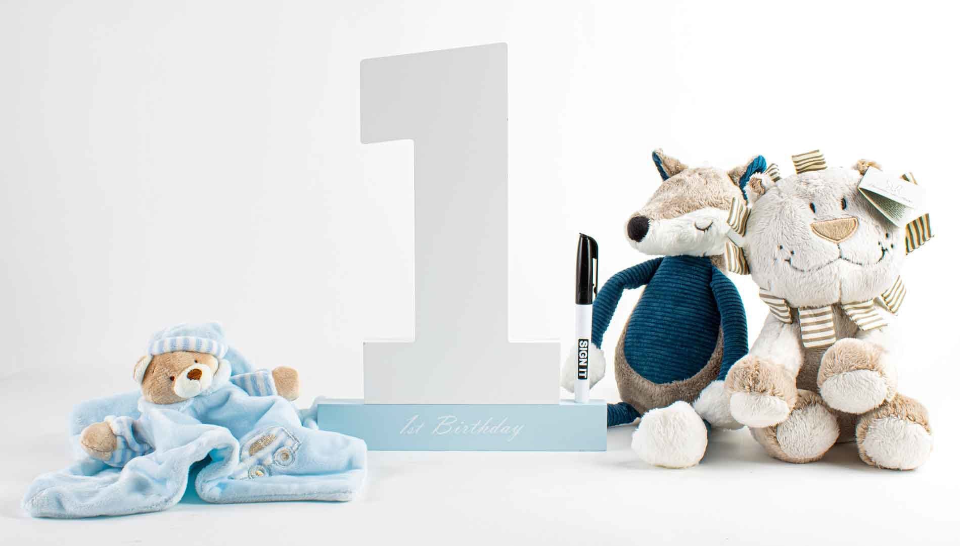 Guest Signature Block 1st Birthday White/Blue With Pen