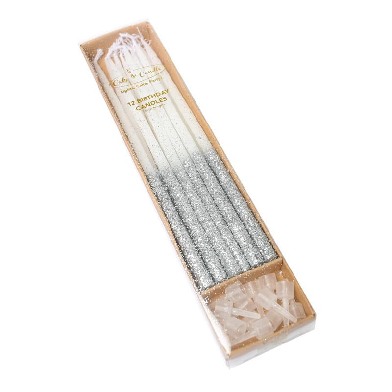 Cake Candles Silver Glitter Dipped Pk12