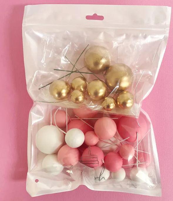 Cake Toppers Deco Foam Balls Pink White & Gold Pk/32