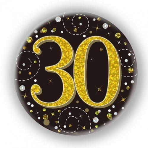 Badge 30th Birthday Sparkling Fizz Black/Gold 75mm Thirty