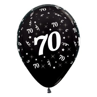 Latex Balloons 30cm Age 70 Black Metallic Pk/6