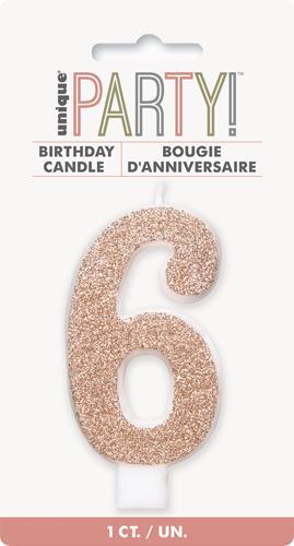 Candle Numeral 6 Glitter Rose Gold