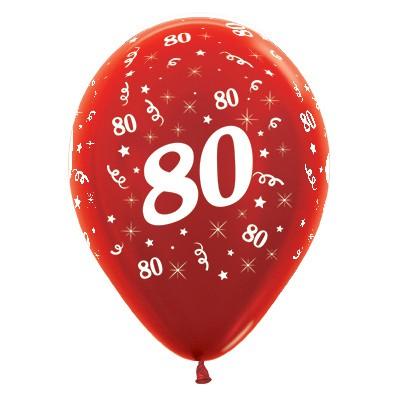 Latex Balloons 30cm Age 80 Red Metallic Pk/6 - Discontinued Last Chance