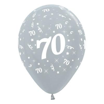 Latex Balloons 30cm Age 70 Silver Metallic Pk/6