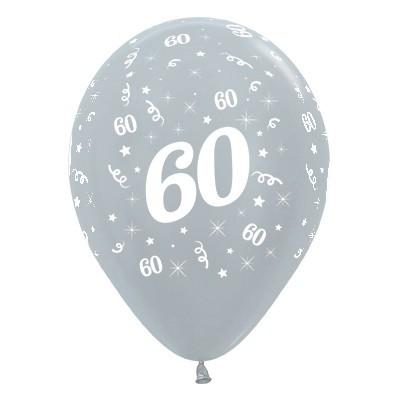 Latex Balloons 30cm Age 60 Silver Metallic Pk/6