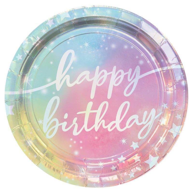 Plates Paper Iridescent Luminous Happy Birthday 23cm Pk/8