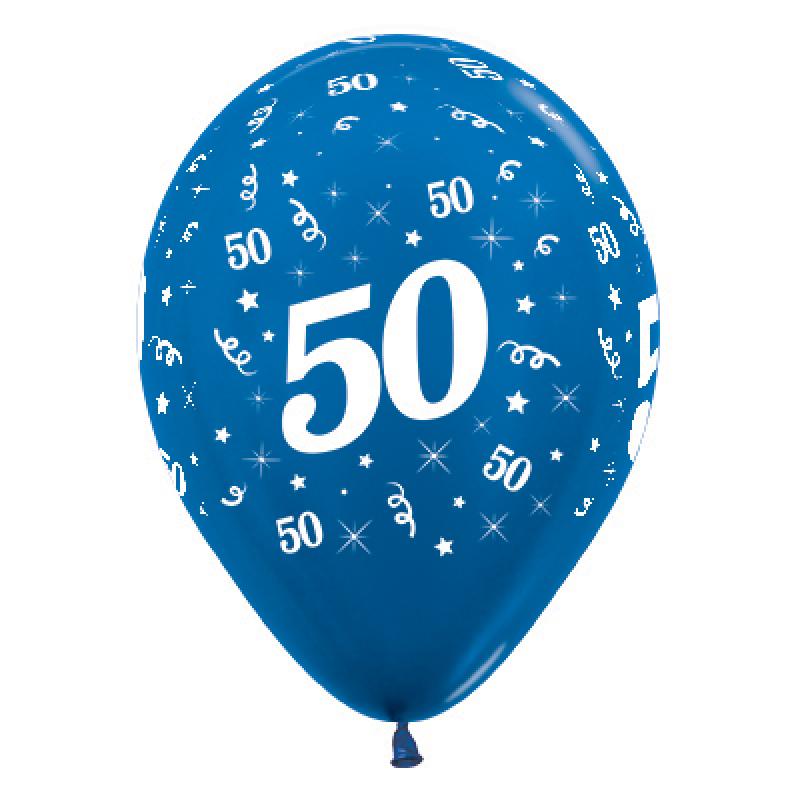 Latex Balloons 30cm Age 50 Blue Metallic Pk/6