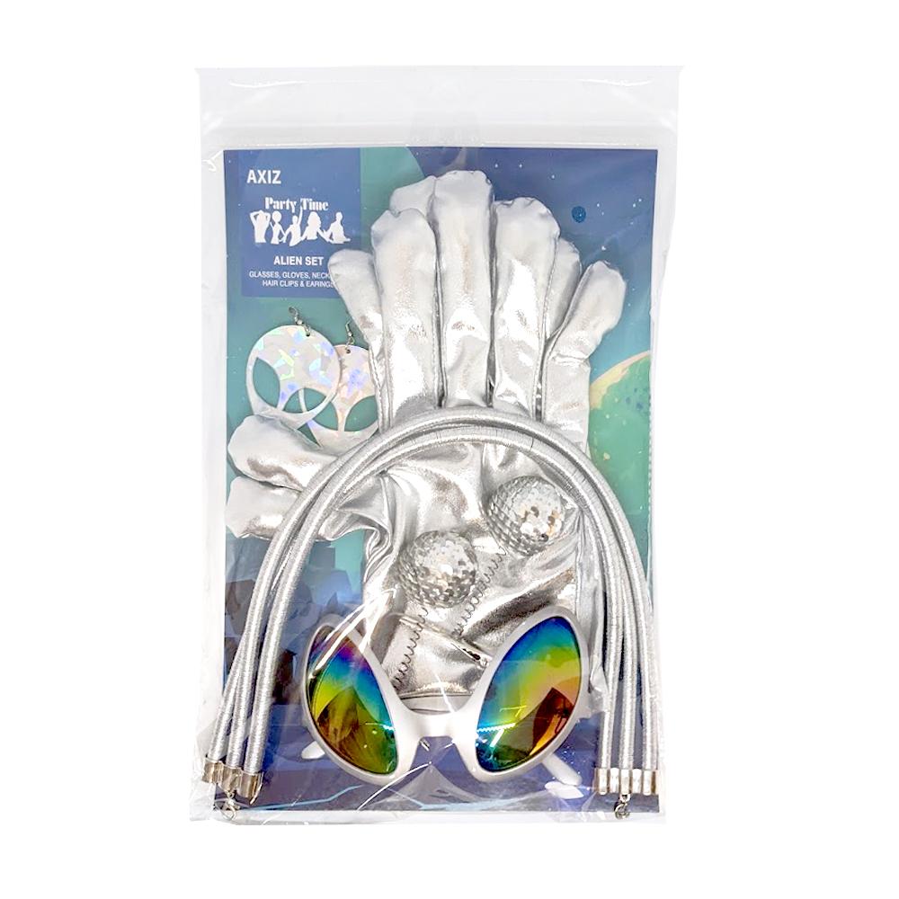 Costume Kit Alien Set Includes Gloves, Necklace, Glasses And Hair Clips
