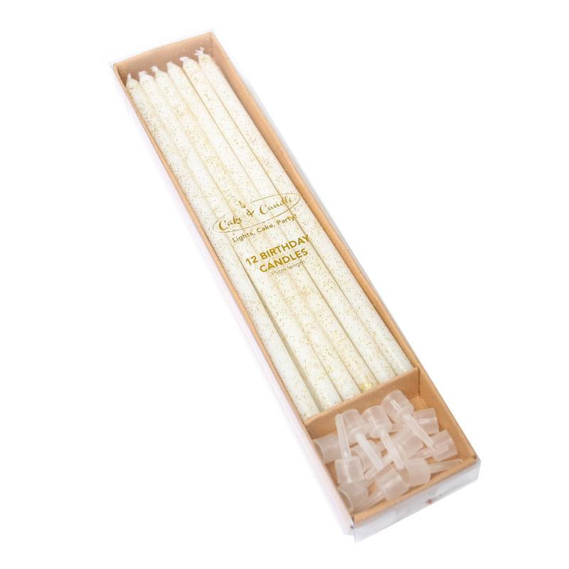 Candles White Gold Glitter Pk12