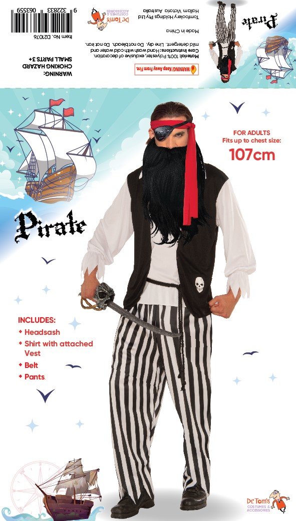 Costume Adult Pirate One Size Headsash/Shirt With Vest/Belt And Pants