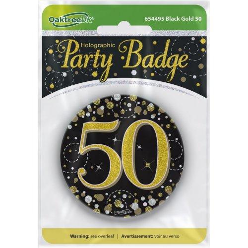 Badge 50th Birthday Sparkling Fizz Black/Gold 75mm Fifty