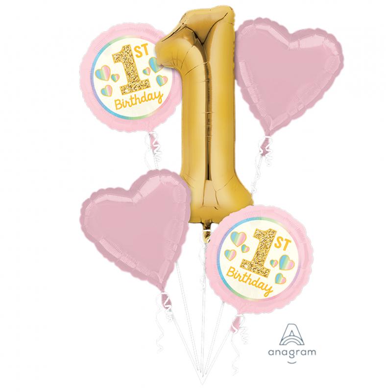 Balloon Bouquet Foil 1st Birthday Pink Pk/5 (Balloons Only Helium Extra)