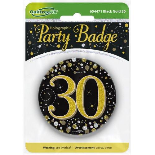 Badge 30th Birthday Sparkling Fizz Black/Gold 75mm Thirty