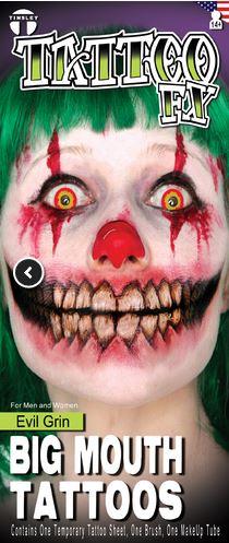 Temporary Tattoo Fx Big Mouth Evil Grin Clown Kit Includes 1 Paint & Brush