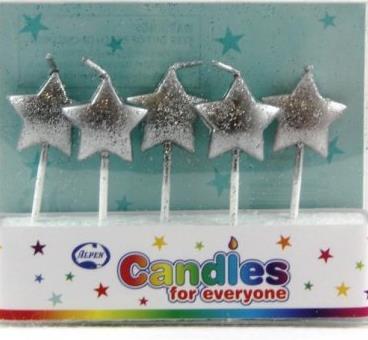Candles Star Glitter Silver Pk/5