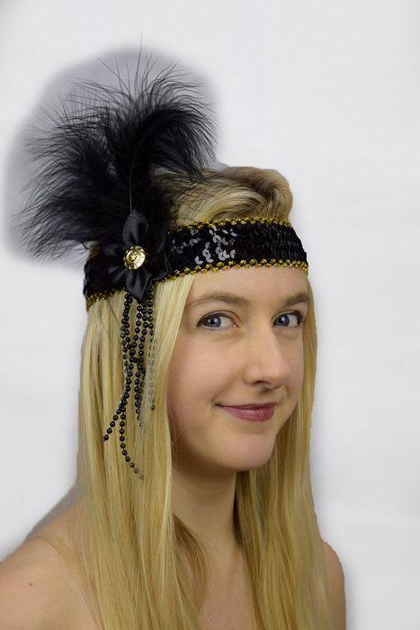 Headband Flapper Deluxe Black Flower 1920s