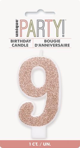 Candle Numeral 9 Glitter Rose Gold