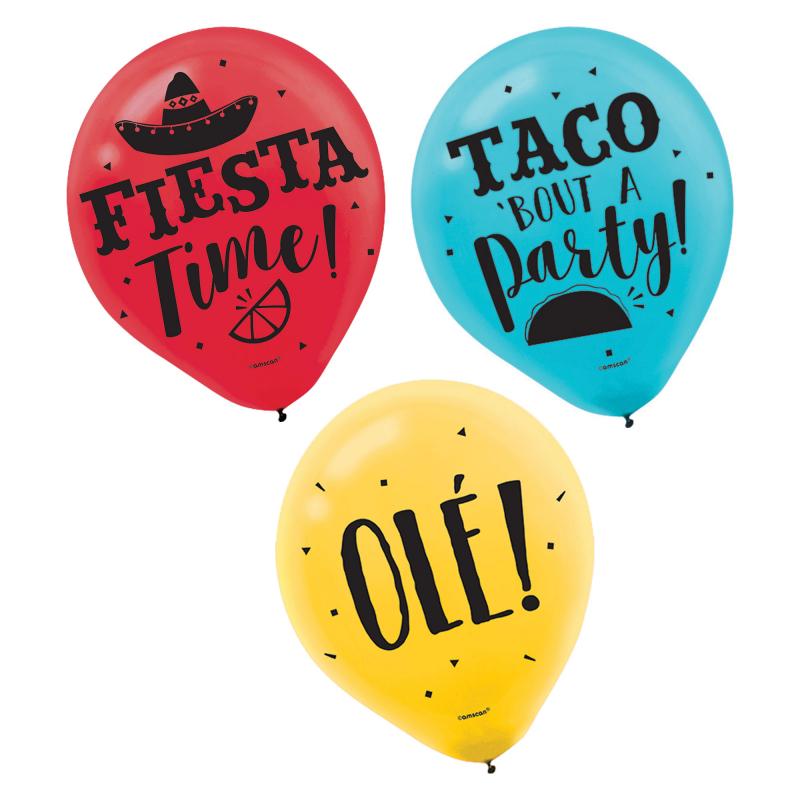 Balloons Latex 30cm Fiesta Mexican Assorted Designs Pk/15