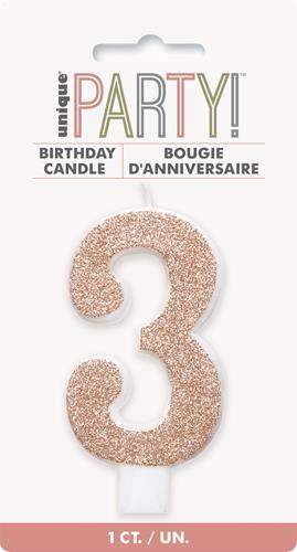Candle Numeral 3 Glitter Rose Gold