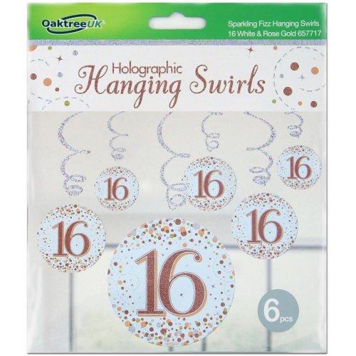 Hanging Swirls 16th Birthday Sparkling Fizz Rose Gold Pk/6