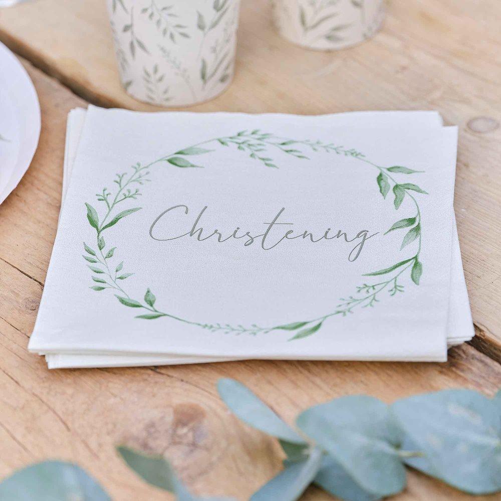 White & Green Christening Paper Napkins Pk/16
