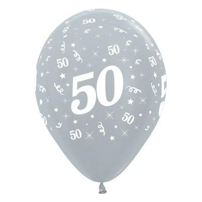 Latex Balloons 30cm Age 50 Silver Metallic Pk/6