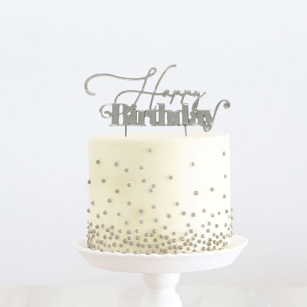 Topper  Happy Birthday Silver Metal Thick Font