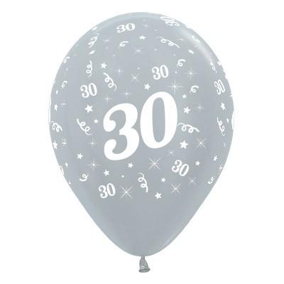 Latex Balloons 30cm Age 30 Silver Metallic Pk/6