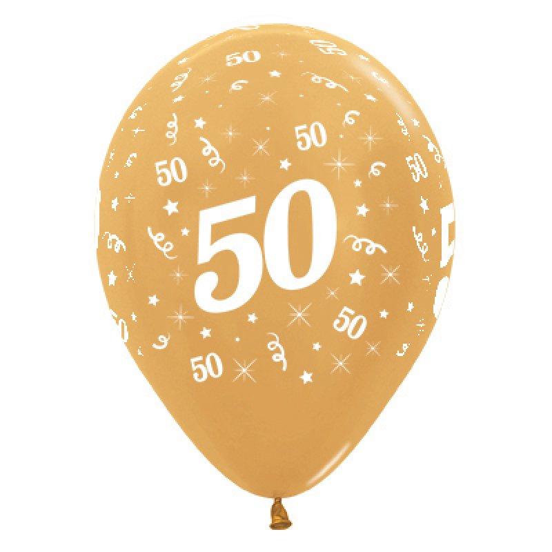 Latex Balloons 30cm Age 50 Gold Metallic Pk/25