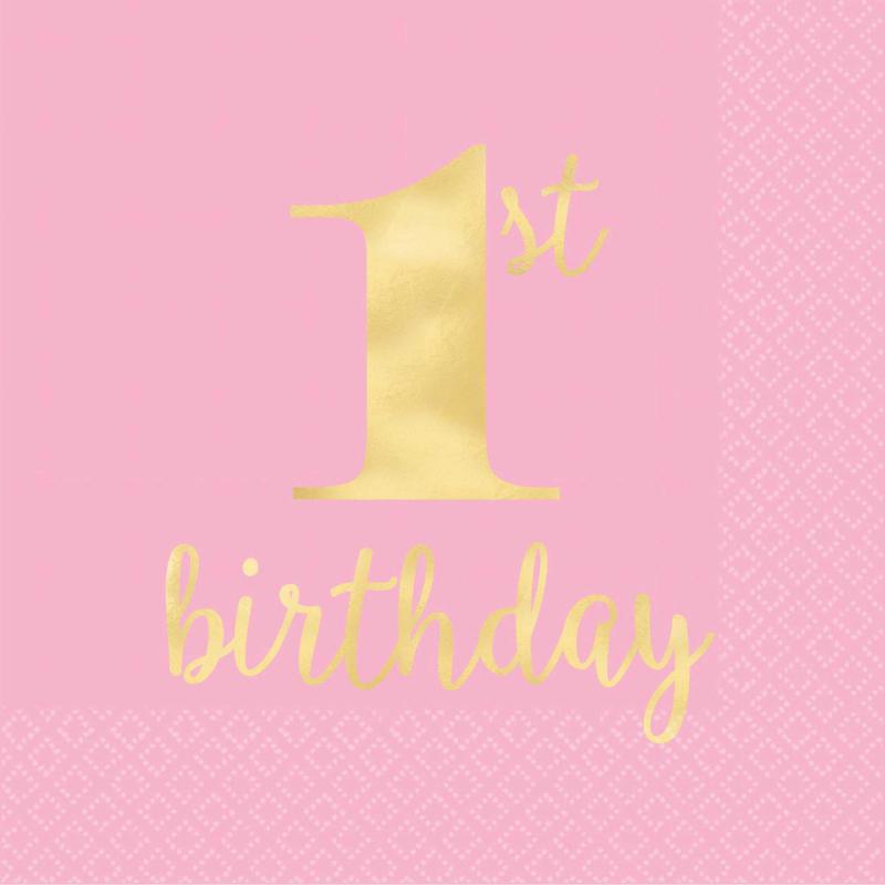 1st First Birthday Pink Beverage Napkin Pk/16
