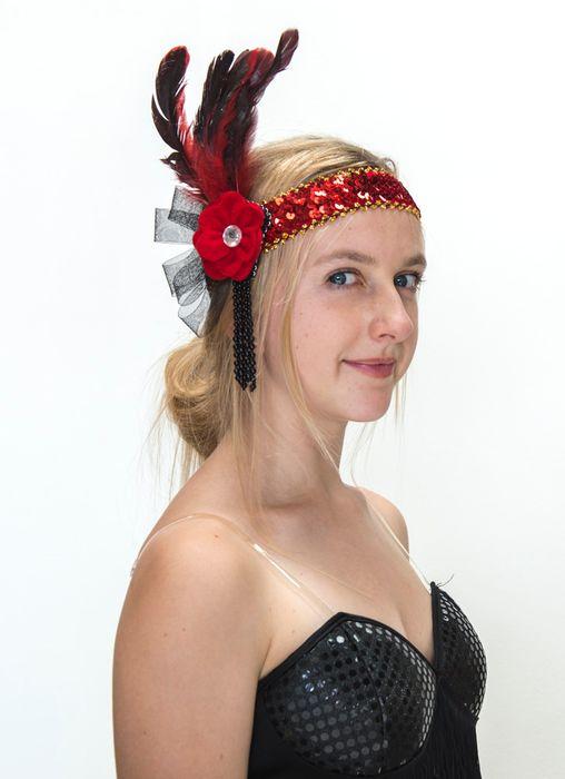 Headband Flapper Deluxe Red & Black 1920s Red Flower
