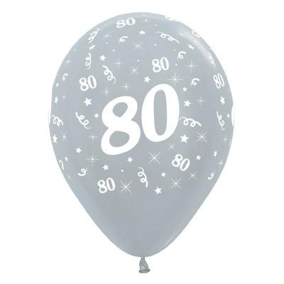 Latex Balloons 30cm Age 80 Silver Metallic Pk/6