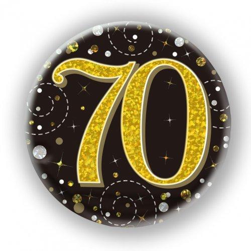 Badge 70th Birthday Sparkling Fizz Black/Gold 75mm Seventy